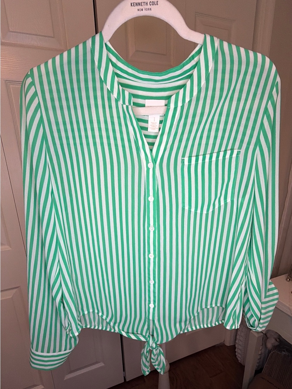 Chico's Green and White Striped Button Down Shirt